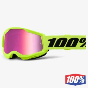 online-10025003200010. 100% Strats 2 Jnr Neon Yellow Goggle - Pink Mirror Lens