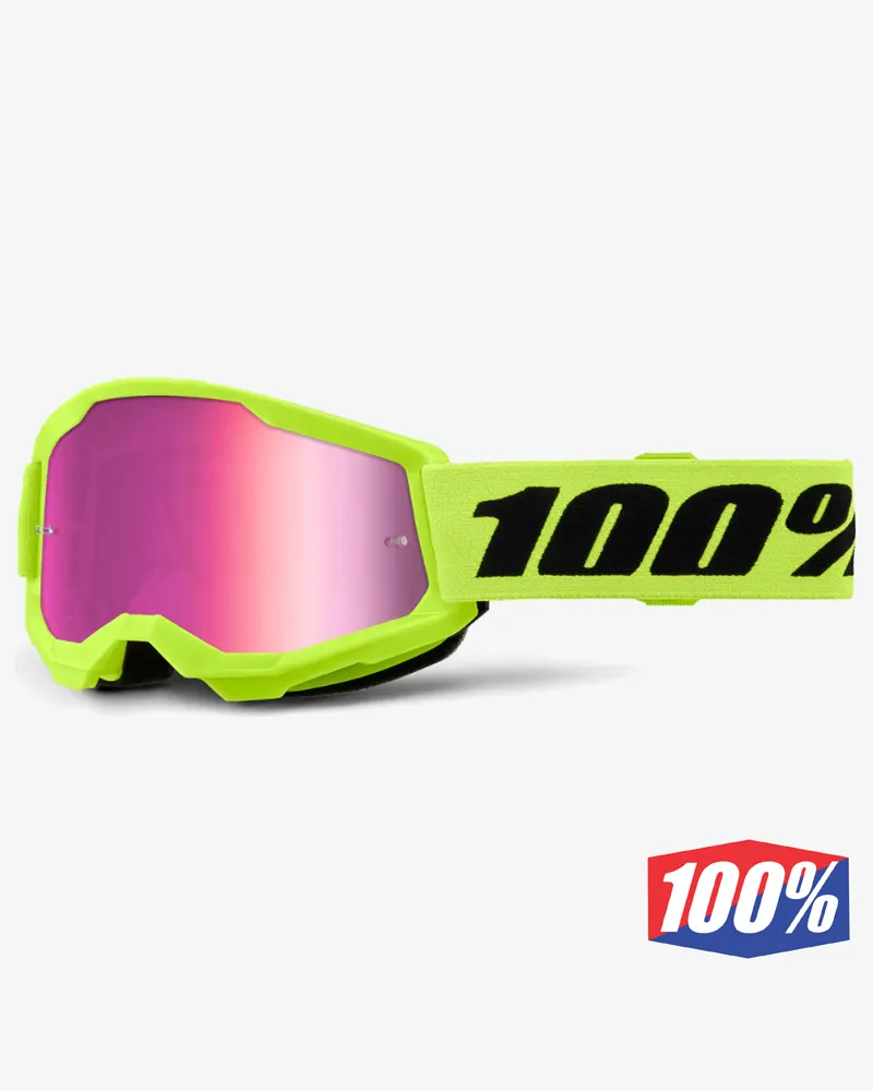online-10025003200010. 100% Strats 2 Jnr Neon Yellow Goggle - Pink Mirror Lens